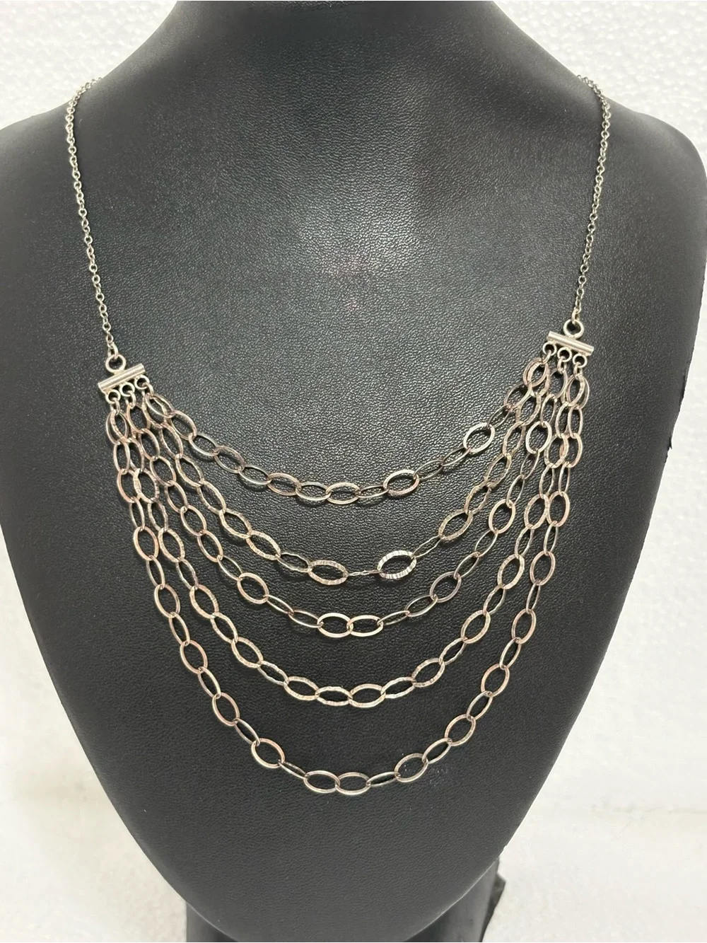 Sterling Silver Five Strand Necklace With Oval Links Made In Italy 17”